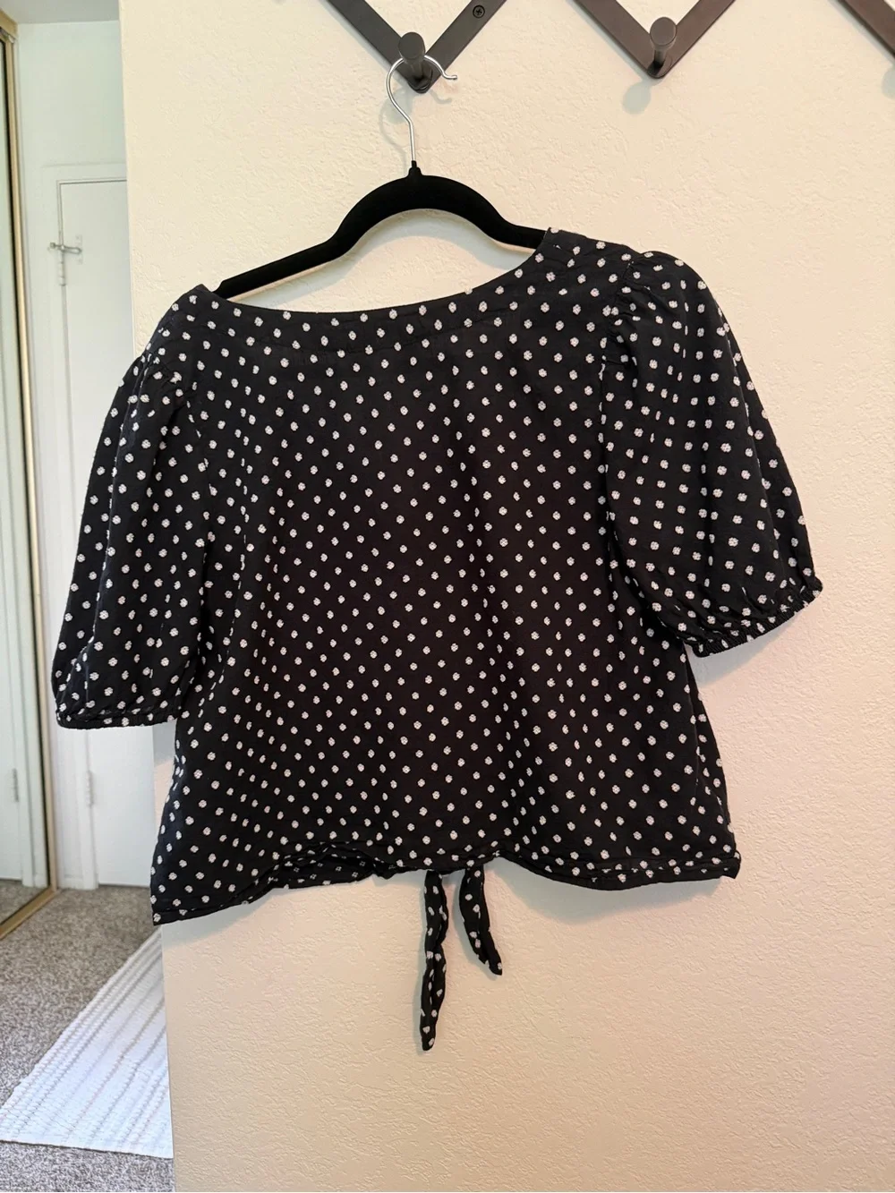 LOFT Navy Polka Dot Tie-Front Short Sleeve Blouse